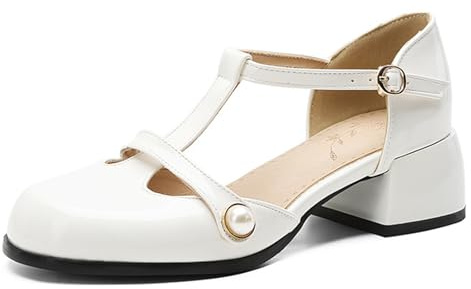 Damers patentläder T-rem Mary Jane pumps låg blockklack pärla accent rund tå klänning skor kontorspumpar skor för professionellt arbete och smart, Vitt, 45 EU