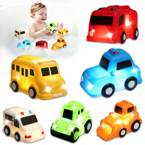 Juguetes Baño Bebe,6PCS Coche Luminoso, Luces LED Activadas por Agua Juguetes Bañera Niños, Juguetes de Natación del Flotante para Niños ,Juguetes Luminosos para Bañera, Piscina y Playa