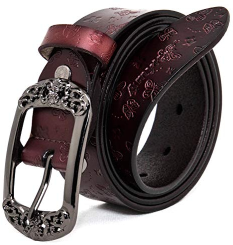 AmyKer Women Vintage Genuine Leather Belts With Embossed Buckle Belts for Jeans Pants Dresses Gift Box Ak011 Brown 45 inch 115cm