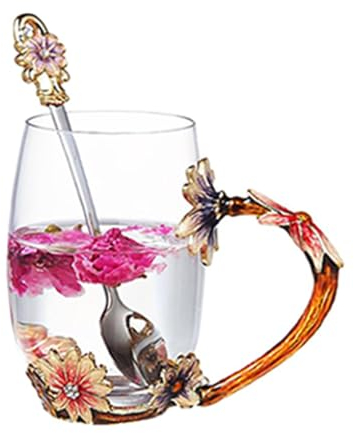 Daisy Flower Glass Tea Cup Coffee Mug for Women,Women Birthday Gifts Ideas,Mothers Day Anniversary Christmas Gifts for Female Friend Mum Girlfriend Sister Coworker Sister Aunt