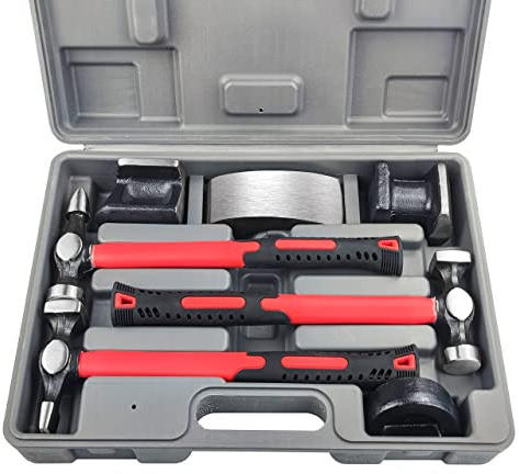 C&T Auto Body Repair Tool Hammer Dolly Set 7 Piece, Car Body Repair Tool Kit with Carrying Case, Carbon Steel Dolly and Hammer Dent Body Fender Tool Set