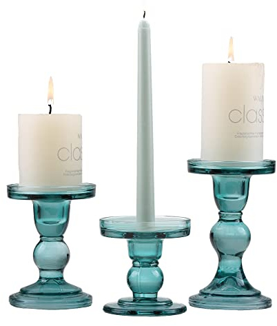 GMWD 3 Pcs Glass Candle Holder Set Clear, Green Candlesticks Holders Pillar Taper Candles Tealight Stand for Wedding Centerpieces Home Decorations Dining Table