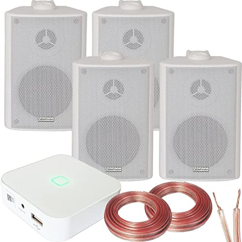 Loops 80W Speaker System - Compact WiFi Stereo Mini Amplifier - 4x 60W 3 White Wall Mounted/Bookshelf Speaker Kit - App Controlled Wireless Music Streaming Amp