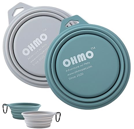 OHMO Tazón Plegable para Perros, (Paquete de 2, 400 ml, Azul Claro y Ceniza) tazones de Silicona Premium para Mascotas para Gatos y Perros, tazones portátiles para Viajes de Perros Plegables, pequeño
