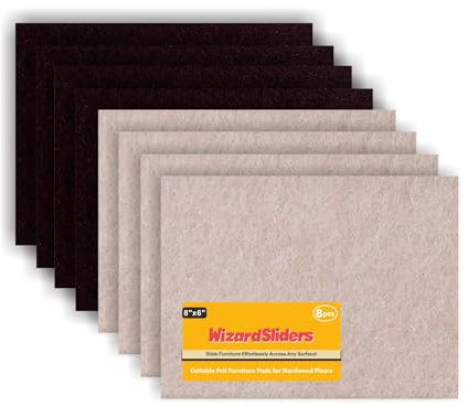 WIZARD SLIDERS Felt Furniture Pads Self-Adhesive for Hardwood Floors, 8pcs 8 x 6 x 1/5 Cuttable Furniture Pads Square Furniture Movers, Floor Protector Cut into Any Shape, Beige & Brown
