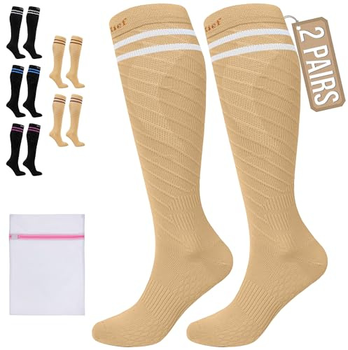 360 RELIEF 2 Pairs Compression Socks for Women Men, 15-20 mmHg Supports Circulation, Travel Flight Socks, Pregnancy Stockings XXL, Beige with 2 White lines + Laundry Bag