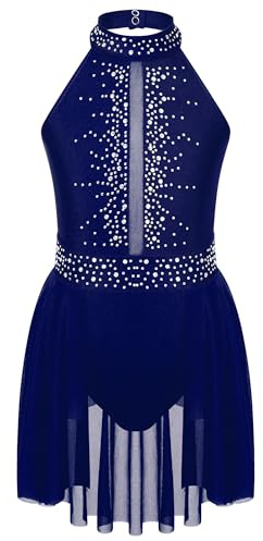 inlzdz Girls Kids Lyrical Dance Dress for Latin Jazz Ballet Dance Gymnastics Leotard Dress Performance Costume Shiny Navy Blue 11-12 Years