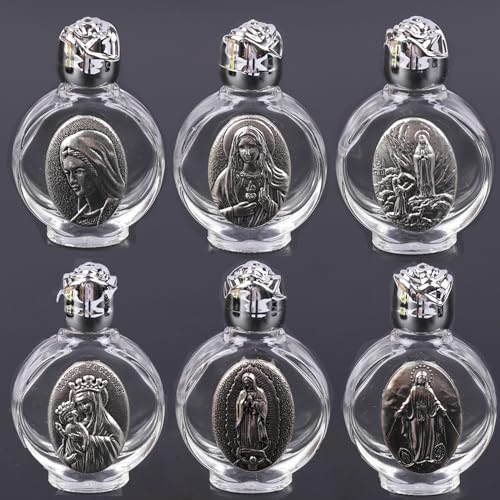 YAMSLAM Agua Bendita en Relieve Con Cruz Religiosa y Escultura Virgen Cristiana - 6 Botellas para el Hogar y Viajes