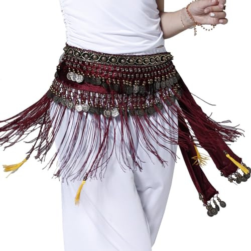 MUNAFIE Fascia da donna in velluto tribale, con monete, danza del ventre, costume da donna per danza del ventre, cintura con frange, Colore: rosso, Taglia unica