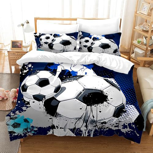 Fußball Bettwäsche Kinder 135x200cm, 3D Druck Fußball Muster Bettbezug, Jungen Teenager Fussball-Fan Sport Thema Bettwäsche Set Blau mit Kissenbezug (A-3, 135 x 200 cm)