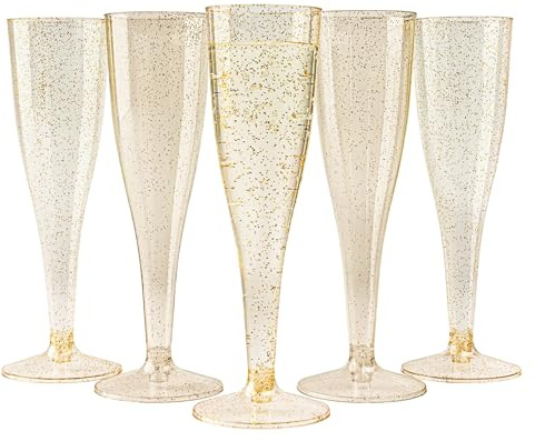 MATANA 96 Premium Elegant Plastic Champagne Flutes with Gold Glitter, 133ml - Reusable Toasting Glasses, Cocktail Prosecco Glasses for Weddings, Birthdays, Christmas, BBQ, Parties