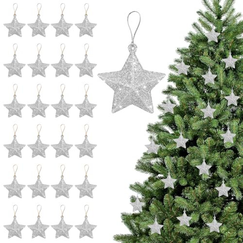 Albero di Natale con stelle, 24 pezzi, decorazione natalizia a forma di stelle, adatto per appendere alberi di Natale, camini, finestre, decorazioni da tavolo (argento)
