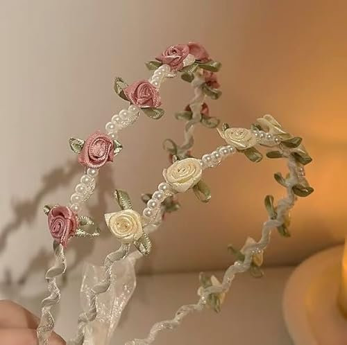 JOZMMZEOOA Rose Blumenkranz Haarband,2 Stücke Perlen Hair Accessories Rosa Beige Blumen Kopfschmuck Damen Haarreif Dirndl Kleinen Rosen Blumen Kopfschmuck,für Partys Feste Hochzeiten Reisen
