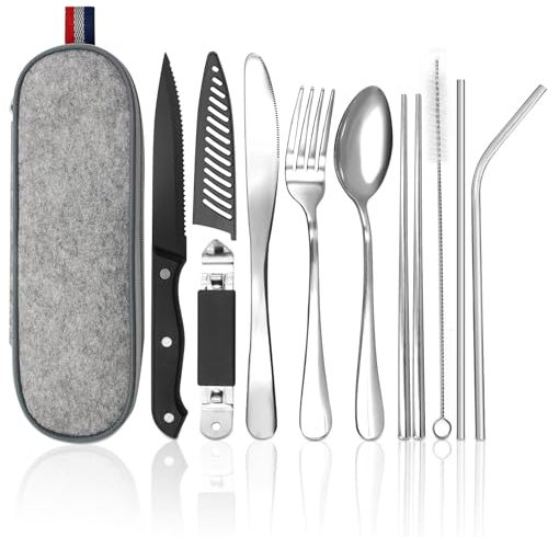 Lot de 10 couverts de camping portables en acier inoxydable 304 avec pochette à couverts, pour voyage, camping, voyage et activités de plein air