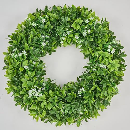 Avoceo Künstlicher Buchsbaumkranz für Haustür, ganzjähriges Grün, Frühling und Sommer, dekorativer Haustürkranz mit Blumen, perfekt für Bauernhaus, Hochzeiten und saisonale Dekoration (A-Buchsbaum)
