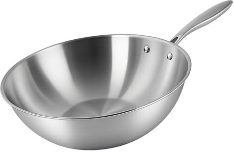 KLAUS Wok 28 cm en Inox inoxydable haute qualité Tous Feux Dont Induction | Cuisson Saine et Homogène | Facile à Nettoyer