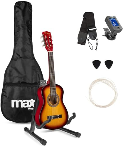 MAX SoloArt Junior 1/4 guitarra infantil clásica con soporte MAX GP20, funda mochila, afinador digital, cuerdas extra, púas y correa, para niños principiantes de 3 a 6 años