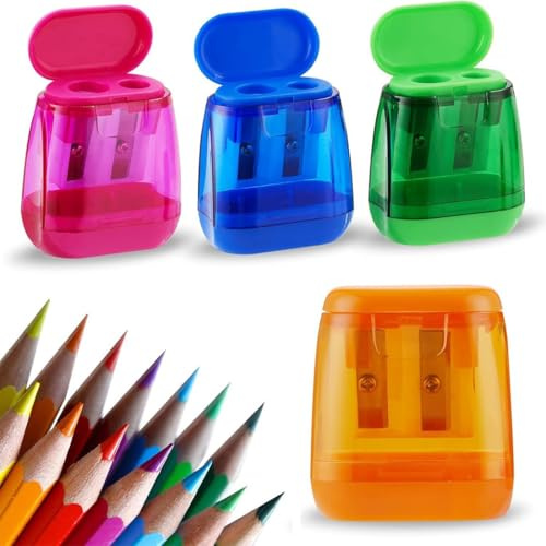 GNALIA Temperino Con Serbatoio 4 Pezzi Rosso Verde Blu Arancione Dimensioni 5Cm X 4Cm X 2.5Cm Doppio Foro Con Coperchio Per Matite Spesse Sottili Scuola Ufficio
