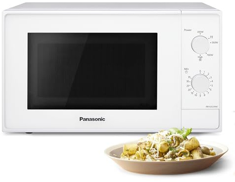 Panasonic NN-E20JWMEBG Horno microondas con Plato Giratorio de Cristal, 20 L, 800 W, Descongelación, 5 Niveles De Potencia, Temporizador, Blanco