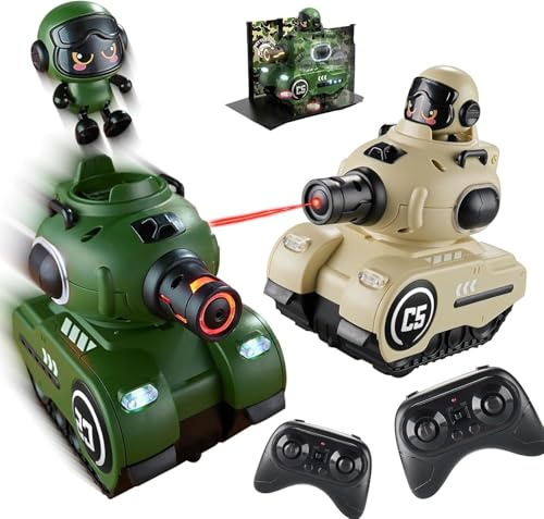2 Pièces Télécommandées Combat Auto, 2,4 GHZ RC Bataille Véhicule-Citerne, 360° Rotation Télécommande Dérive Jouet avec LED Lumière et Musique, Catapulte Poupée Tanks für 6+ (Char radiocommandé)