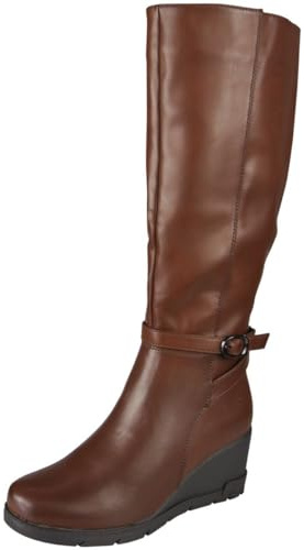 LoudLook Women Knee High Boots Extending Wedge Comfy Casual Grip Stretch Zip Winter Shoes Sizes Brown 6