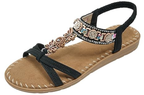 Nuoke sandalias,sandalias planas mujer verano, planas con cuentas para, de con tiras elásticas en T Zapatos Dorados (Black, 41)