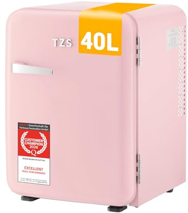 TZS First Austria Mini Frigo Retro 40L - Silenzioso 22dB - Senza Compressore per Camera e Ufficio - Rosa - Frigorifero per Bevande - Design Vintage