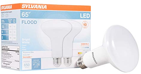Sylvania LED Flood Light Bulb, BR30, 65W Equivalent, Efficient 9W, Dimmable, 10 Year, 650 Lumens, 3500K, Bright White - 2 Pack (78029)