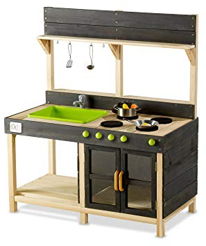 EXIT Toys Yummy 200 Wooden Mud Kitchen - With Working Faucet - With Oven and Kitchen Utensils - Removable Sink - Wooden Play Kitchen for Children - 100% FSC Wood - 55x102x115cm - Natural
