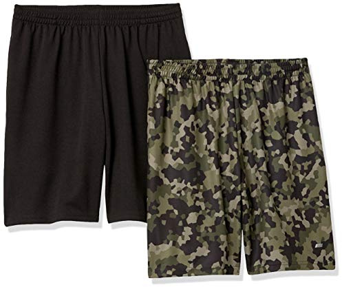 Amazon Essentials Pantaloncini da Allenamento Sportivi Tecnici ad Alte Prestazioni per Palestra e Basket, vestibilità Ampia Uomo, Pacco da 2, Nero/Verde Motivo Mimetico Geometrico, M