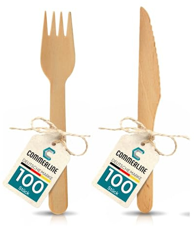 Commerline Holzbesteck Set, 100 Gabeln + 100 Messer, Einweg Besteck | Einweggeschirr, Partybesteck, Holzgeschirr, stabil & geschmacksneutral, für Gastronomie, Catering, Imbiss & Events