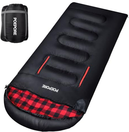 POEPORE Flannel Sleeping Bag Lightweight Warm Weather 3-4 Seasons for Adults XL Wearable Sleeping Bag Waterproof with Compression Sack Black/Red