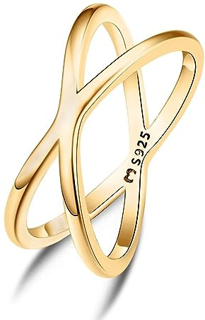 Anillos de mujer en plata de ley formado por dos aros cruzados. Anillo plata mujer con acabado plateado o dorado. Joyería ideal para parejas, regalo para madres, amigas. (Baño en oro, 6)