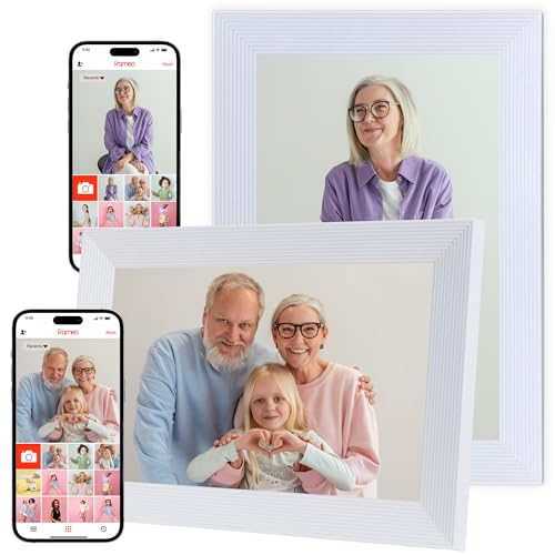 Frameo Digitaler Bilderrahmen WLAN,10.1 Zoll WiFi Digitale Photo Frame, 1280x800 IPS Touchscreen, 32GB Automatisch drehbar, Teilen Sie Fotos und Videos mit Ton Sofort über Frameo APP von überall, Weiß