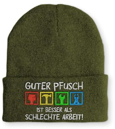 tshirtladen Spruchmütze Strickmütze Guter Pfusch Handwerker Mütze Wintermütze lustige Beanie mit Stick, Farbe: Olive