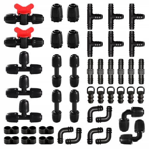 VooGenzek 45 Piezas Juego de Accesorios de Irrigación para Tubo 16 mm, Conectores de Púas de Manguera para Sistemas de Riego, Válvulas de Compuerta, Tees, Rectos, Codos, Tapones de Tapa, Tapón, Negro