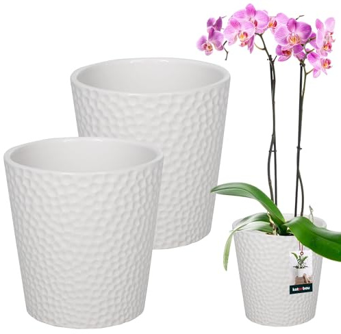 KOTARBAU® Set di 2 vasi da fiori in ceramica bianca smaltata, diametro 9,5 cm, altezza: 11 cm, vaso per orchidee, in ceramica, vaso per fiori e piante da appartamento