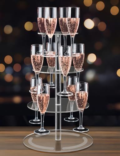NiHome 3-Tier Clear Acrylic Champagne Tower with String Light, 12-Glass Cocktail Tree Stand Wine Rack, Weddings Parties Bars Drink Tower for Champagne, Cocktails, Martini, Margarita Cups