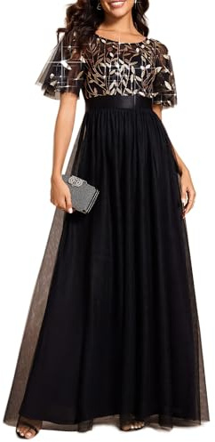 Ever-Pretty Corte Imperio Vestido de Fiesta A-línea Tul Cuello Redondo Manga Corta para Mujer Oro Negro 44