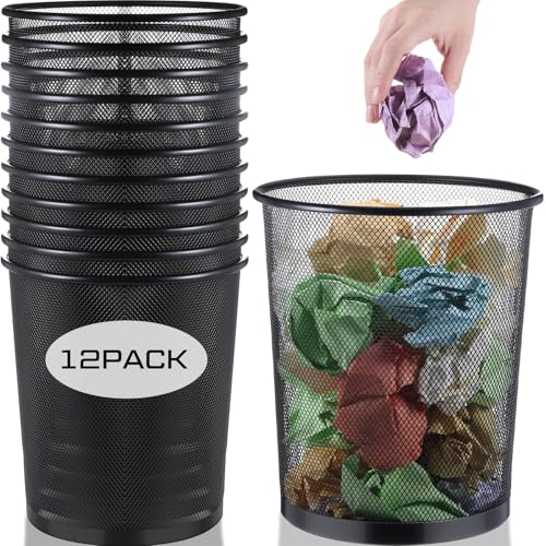 Hushee 12 Pcs Metal Mesh Trash Can Wire Waste Paper Basket Trash Bin Garbage Can for Dorm Room, Office Under Desk, School, Kitchen, Bedroom, Den, Toilet(Black,12 Pcs)