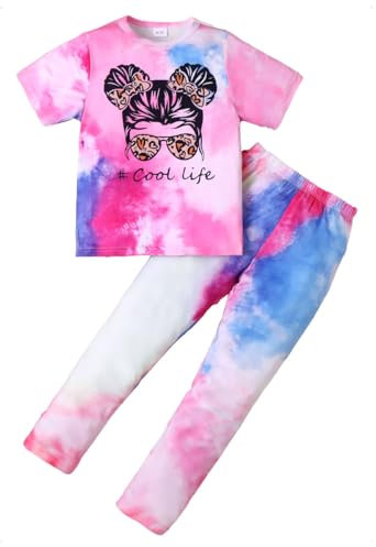 KONFEN 2 Pezzi Completo Ragazze, Tie-dye Hip Hop Colorato Top + Pantaloni, Completo Bambina Vestiti Manica Corta T-shirt e Pantaloni Jogger Vita Elasticizzata Estate Autunno per 9-10 Anni, Viola