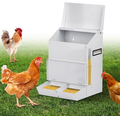MUALROUS 25LBS Automatischer Hühnerfutterautomat Rattensicherer Hühnerfuttertrog mit Deckel Metall Geflügelfutterautomat Kein Abfall Hängender Spender für Wachteln, Zwerghühner, Enten und Pute