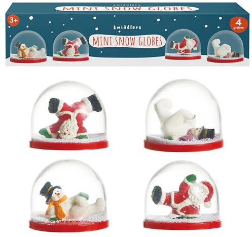 THE TWIDDLERS – 4 mini julsnöglober i juldesign för strumpfyllning, festpresentpåsar, festliga prydnader och dekorationer för barn och vuxna – 6 cm glober (2 snögubbar och 2 jultomten)