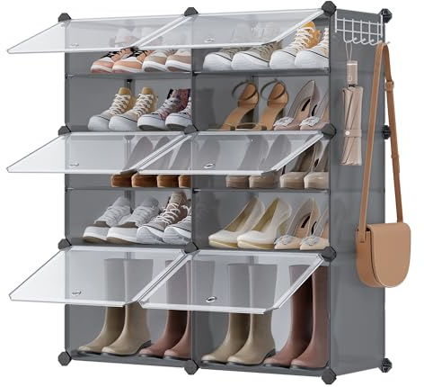SONGMICS Mueble Zapatero Plástico, 6 Compartimentos para 24 Pares de Zapatos, con Puertas, Estructura de Acero y Estantes de Plástico, Armario para Dormitorio, Gris Pizarra y Transparente LPC033G01