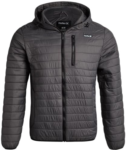 Hurley Mens Puffer Jacket - Lightweight Packable Insulated Winter Coat for Men - Weather Resistant Quilted Outdoor Jacket, Size Medium, Steel Iron Grey