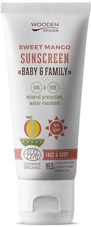 Wooden Spoon Crema Solar Orgánica Bebé y Familia “Sweet Mango” SPF 50 – 100% Natural, Zinc Invisible, Sin Rastro Blanco, Hipoalergénica, Vegana, Resistente al Agua – 100 ml