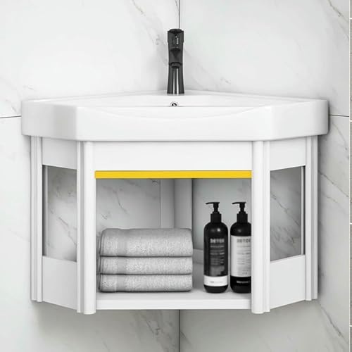 Lavandino da bagno ad angolo con montaggio a parete, piccolo mobile da bagno ad angolo, lavaggio in ceramica con contenitore e troppopieno, lavaggio in ceramica sospeso triangolare B, per gu