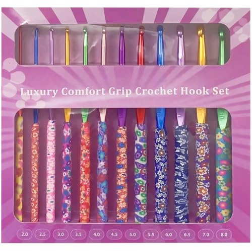 igadgitz home U7306 Juego de 12 agujas de crochet de lujo con diseño ergonómico y agarre cómodo (2-8 mm) - Patrón Florete