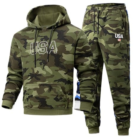 Rrongwn Chándal para hombre, traje de entrenamiento ligero, traje de ocio, traje deportivo, invierno, talla grande, estampado de camuflaje, sudadera con capucha, conjuntos de pantalones