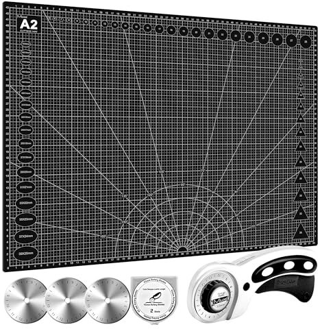 Miuzei Base de Corte A2 con Cutter Circular,Tapete de Corte,Alfombrilla de corte grande, resistente a los cortes, autocurativa, perfecta para coser, manualidades, patchwork. 45x60cm,Negro